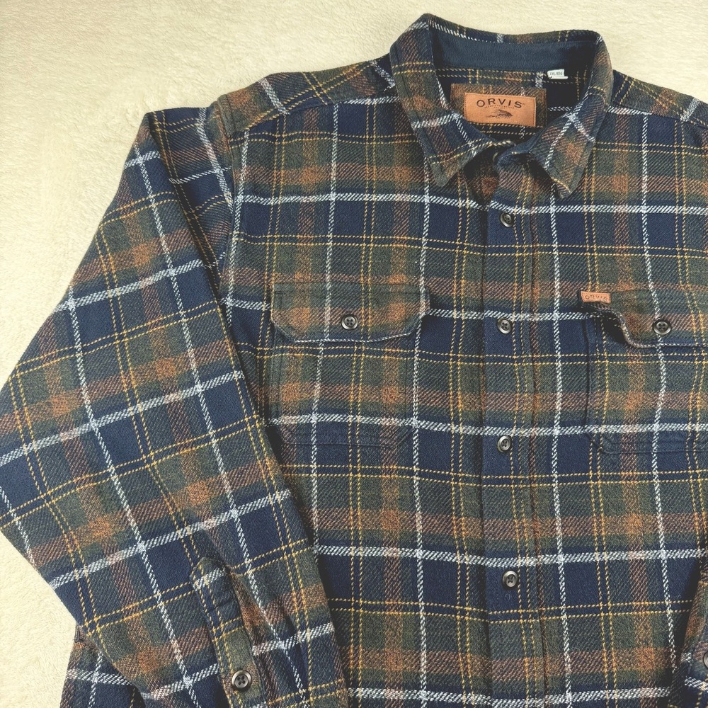 Orvis Flannel Shacket Shirt Mens XXL Blue/Brown Plaid‎ Heavyweight Button Up - Picture 4 of 15
